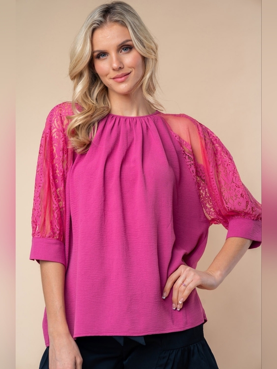 white birch Tops - White Birch Round Neck Lace Half Sleeve Blouse